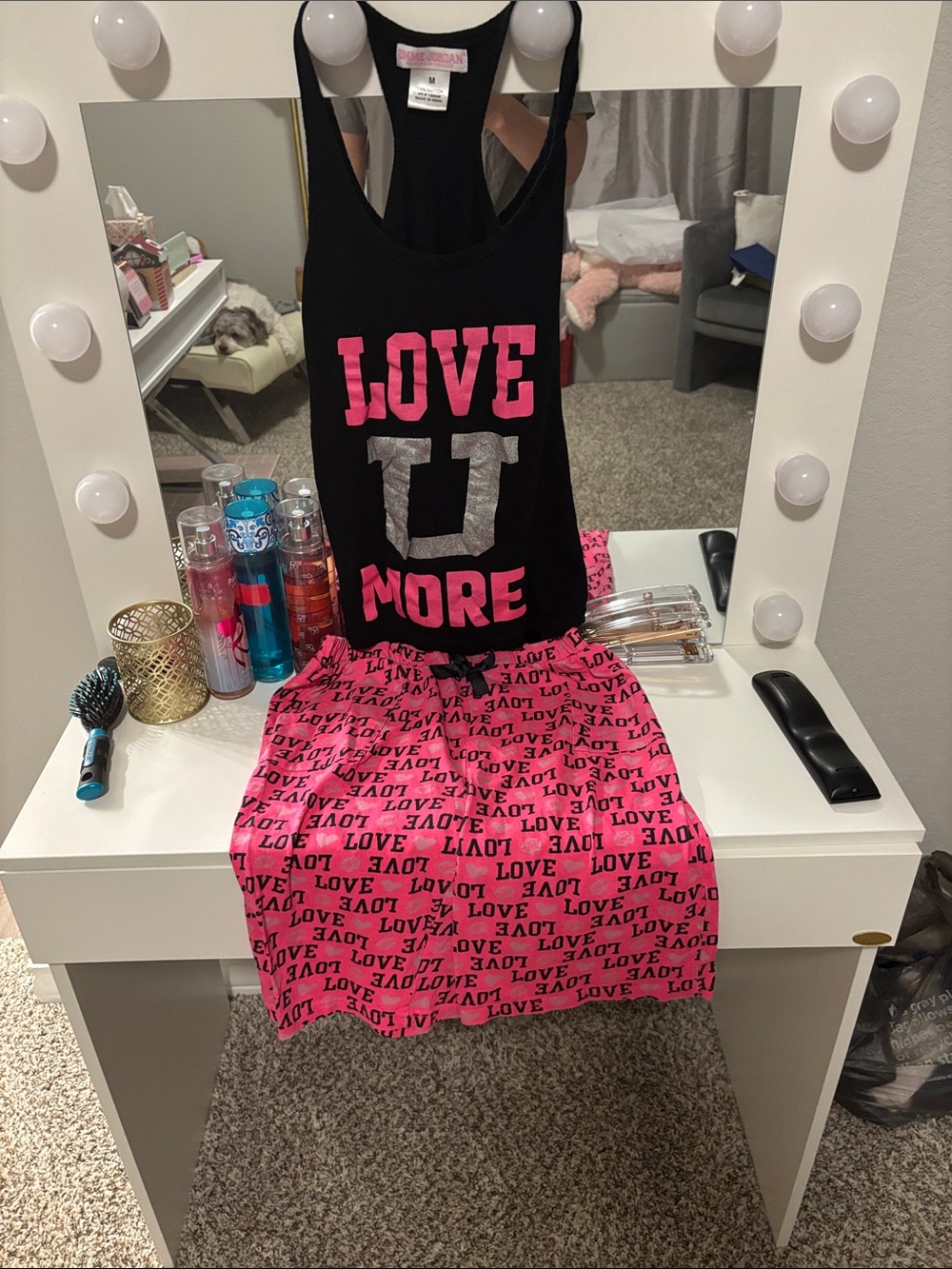 Medium LOVE U MORE Black Tank & Pink LOVE Print Skirt Set